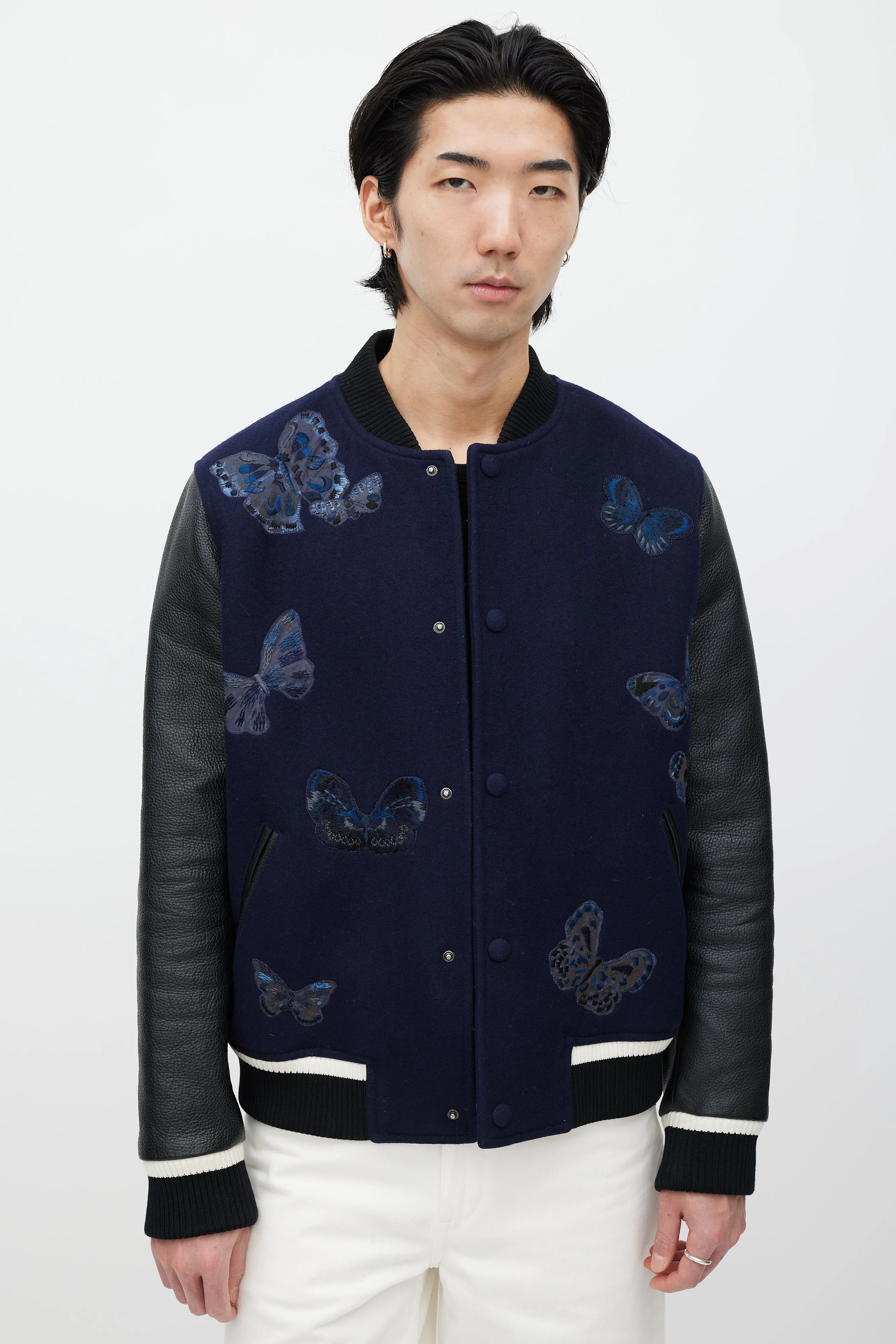 Navy & Black Wool Embroidered Varsity Jacket