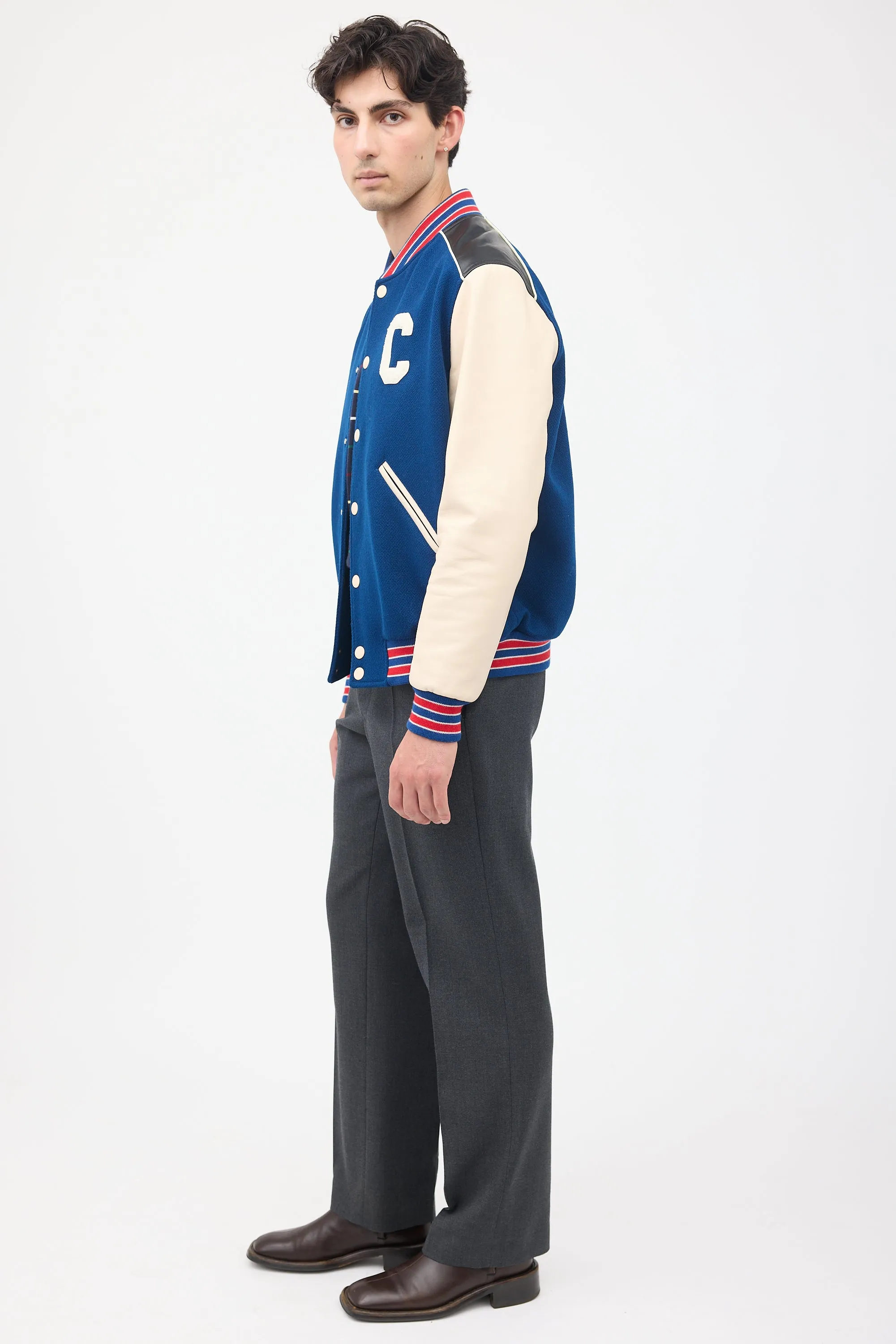 Navy & Multi Wool & Leather Teddy Varsity Jacket