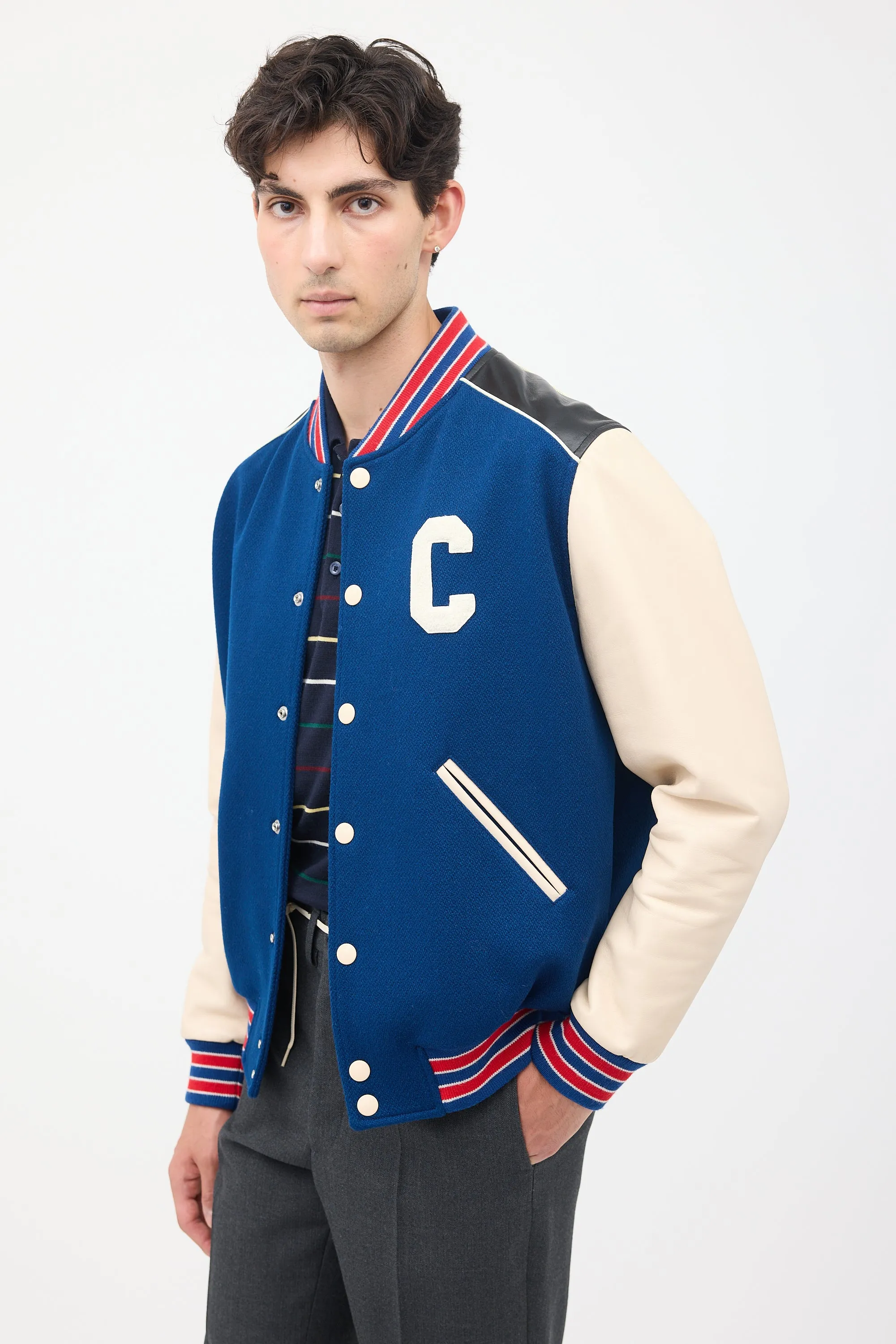 Navy & Multi Wool & Leather Teddy Varsity Jacket