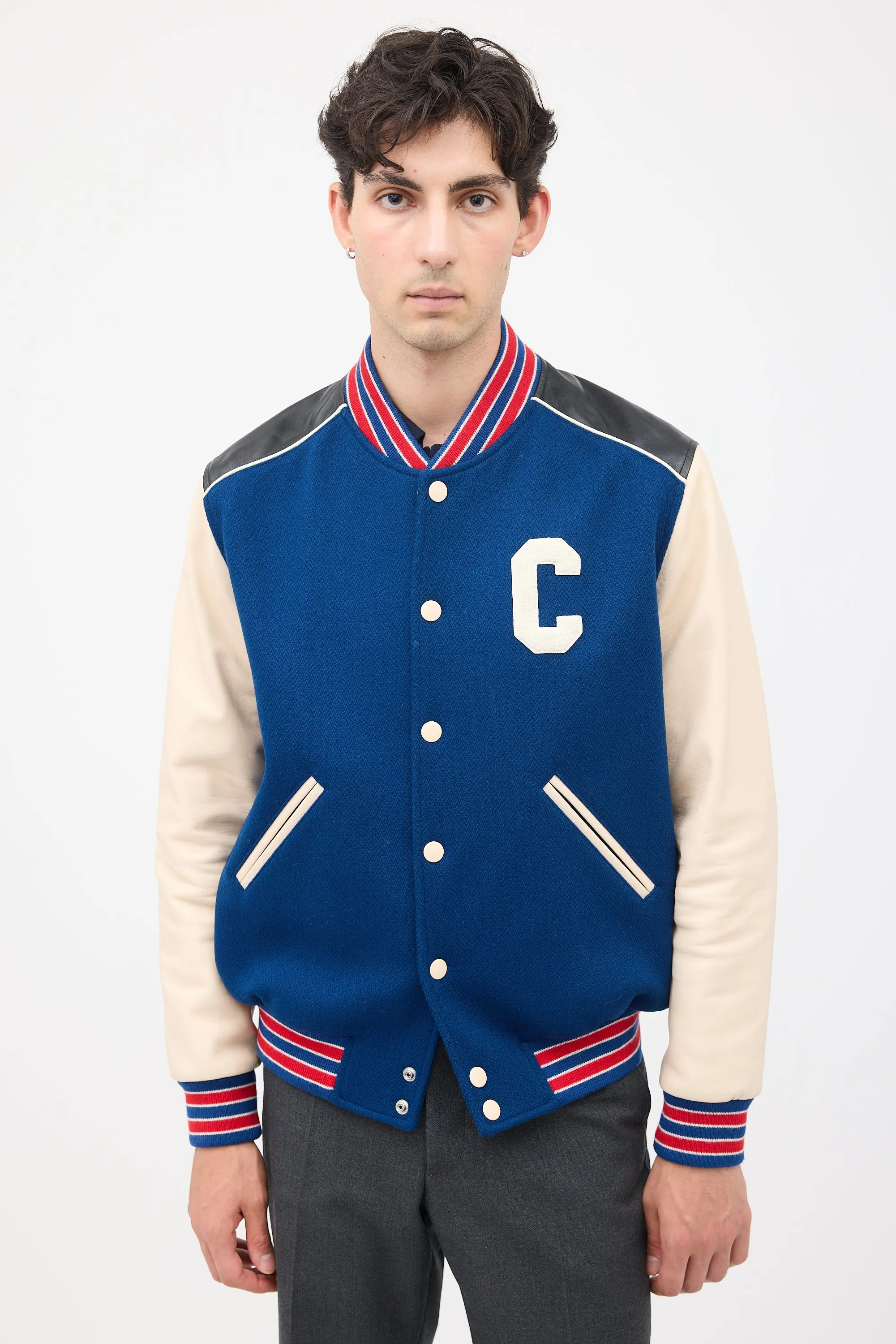 Navy & Multi Wool & Leather Teddy Varsity Jacket