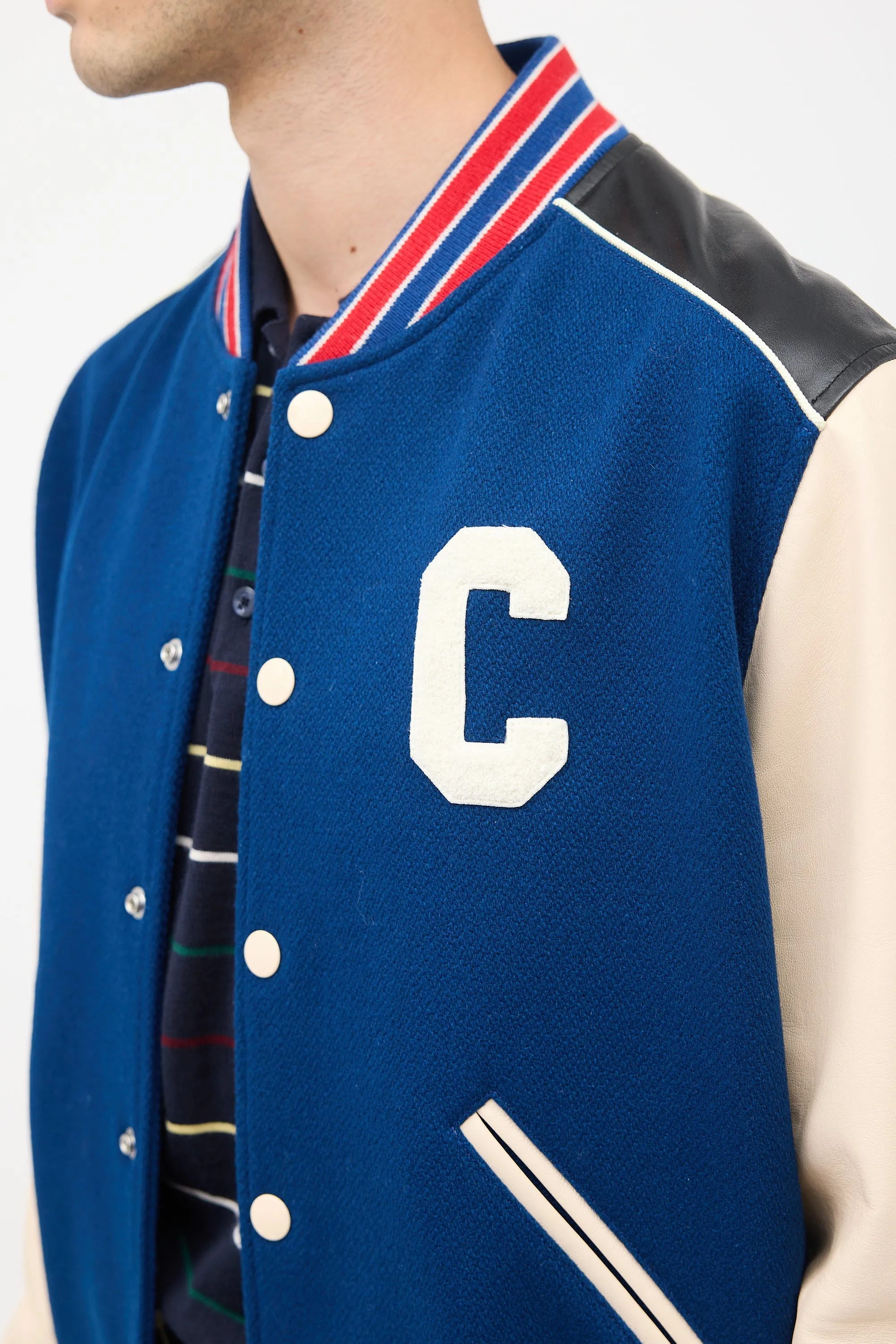 Navy & Multi Wool & Leather Teddy Varsity Jacket