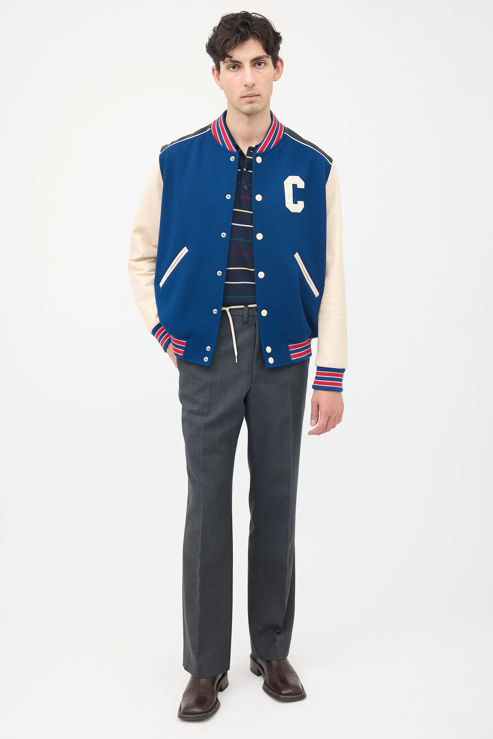 Navy & Multi Wool & Leather Teddy Varsity Jacket