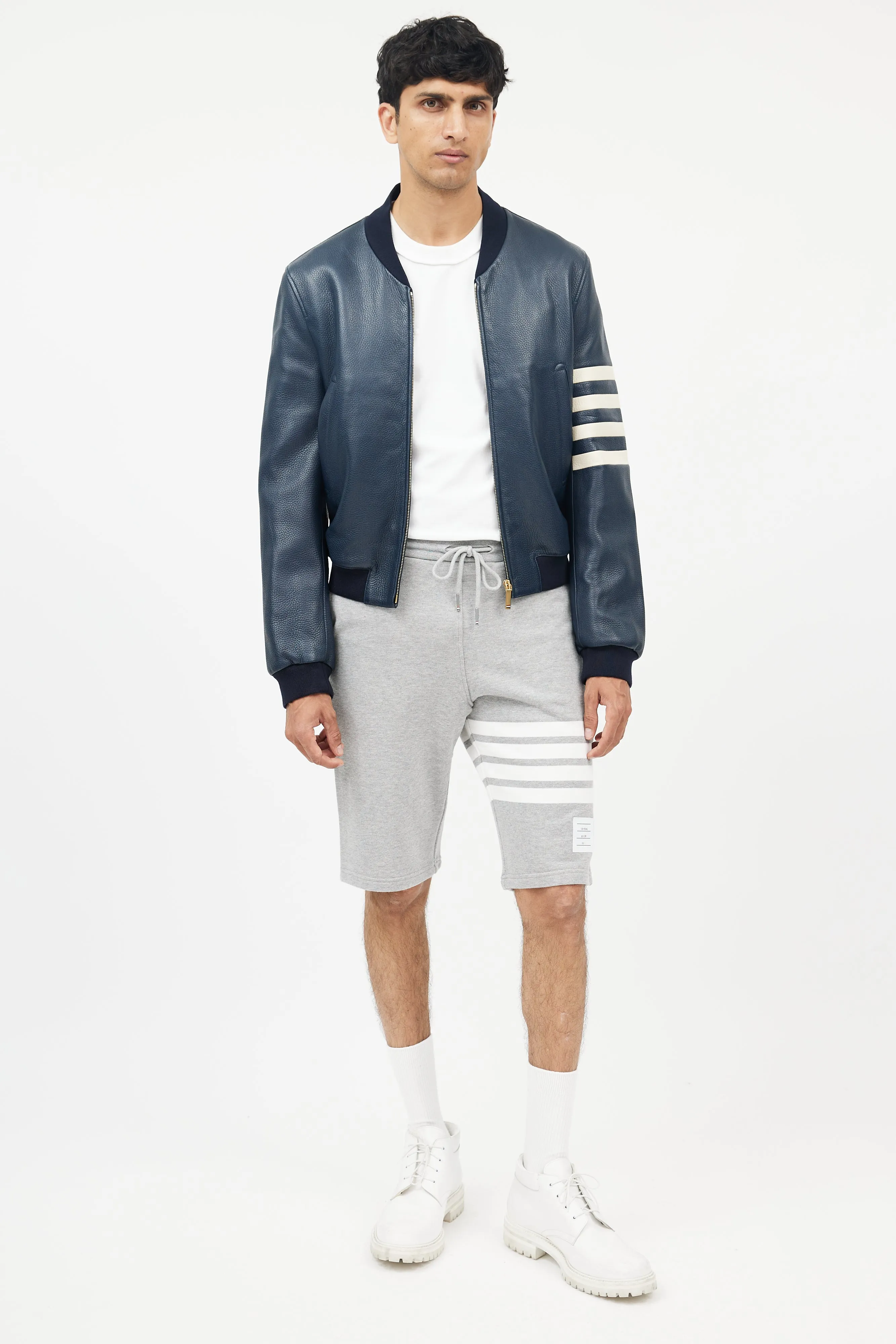 Navy & White Leather Bomber Jacket