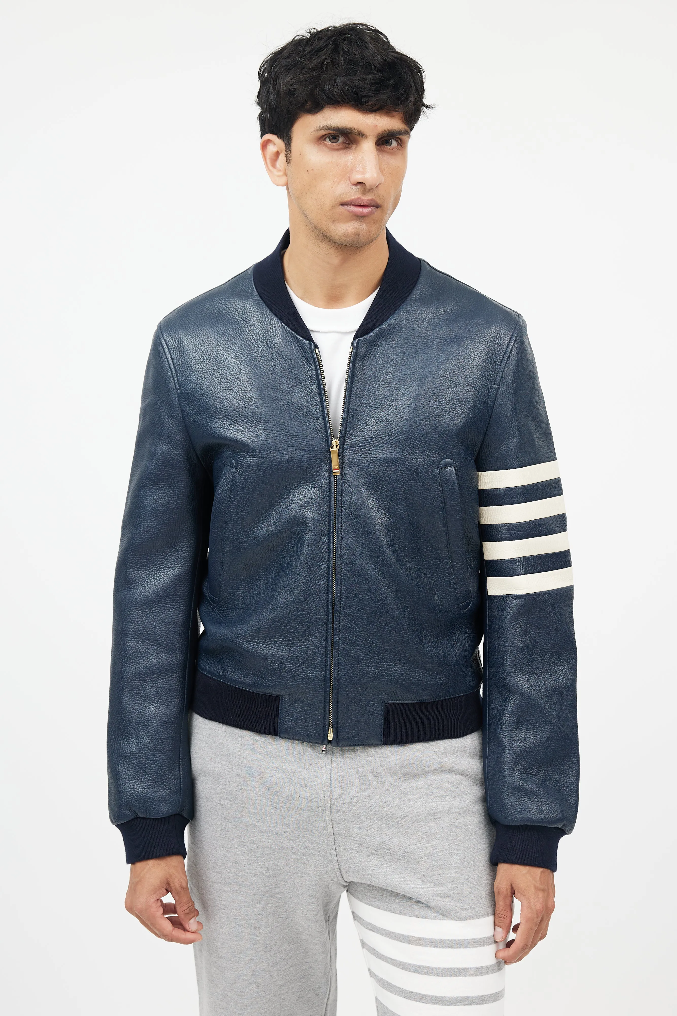 Navy & White Leather Bomber Jacket