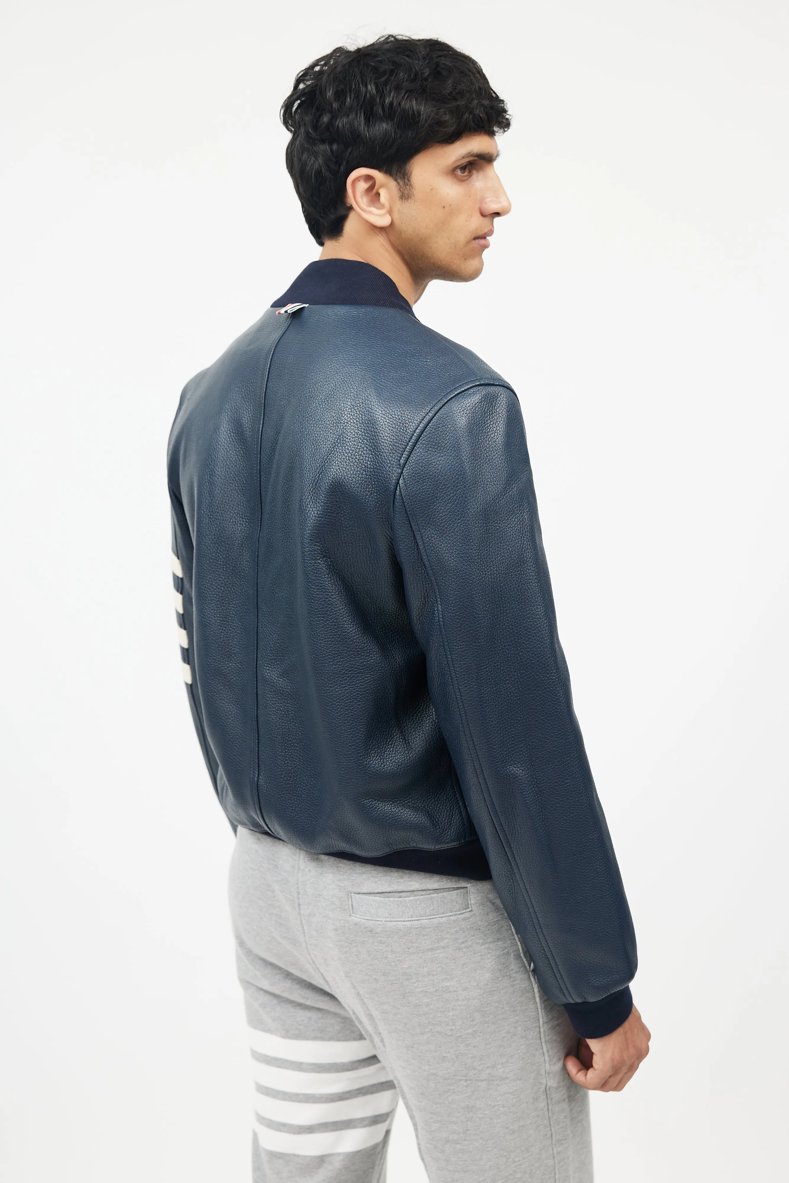 Navy & White Leather Bomber Jacket