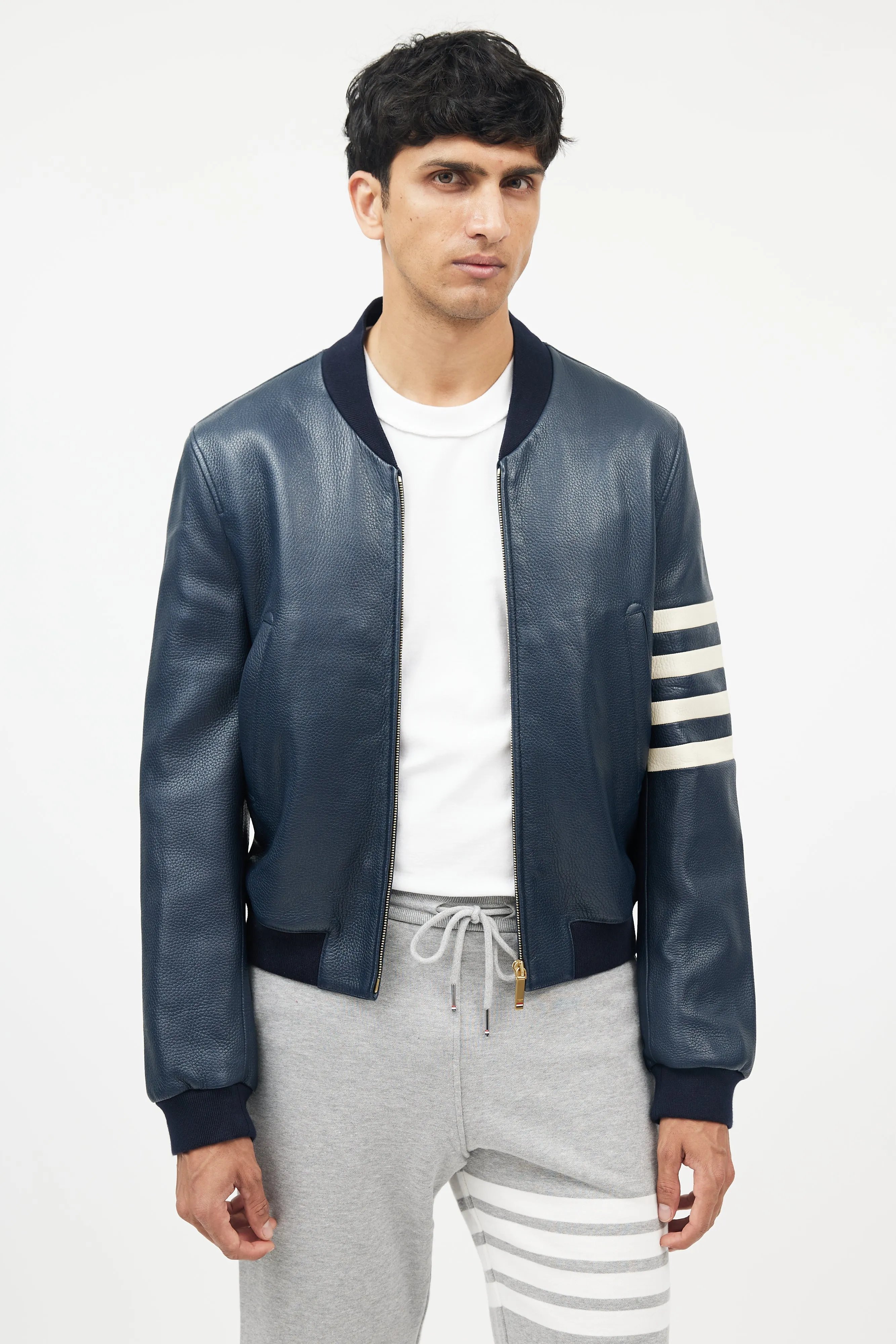 Navy & White Leather Bomber Jacket