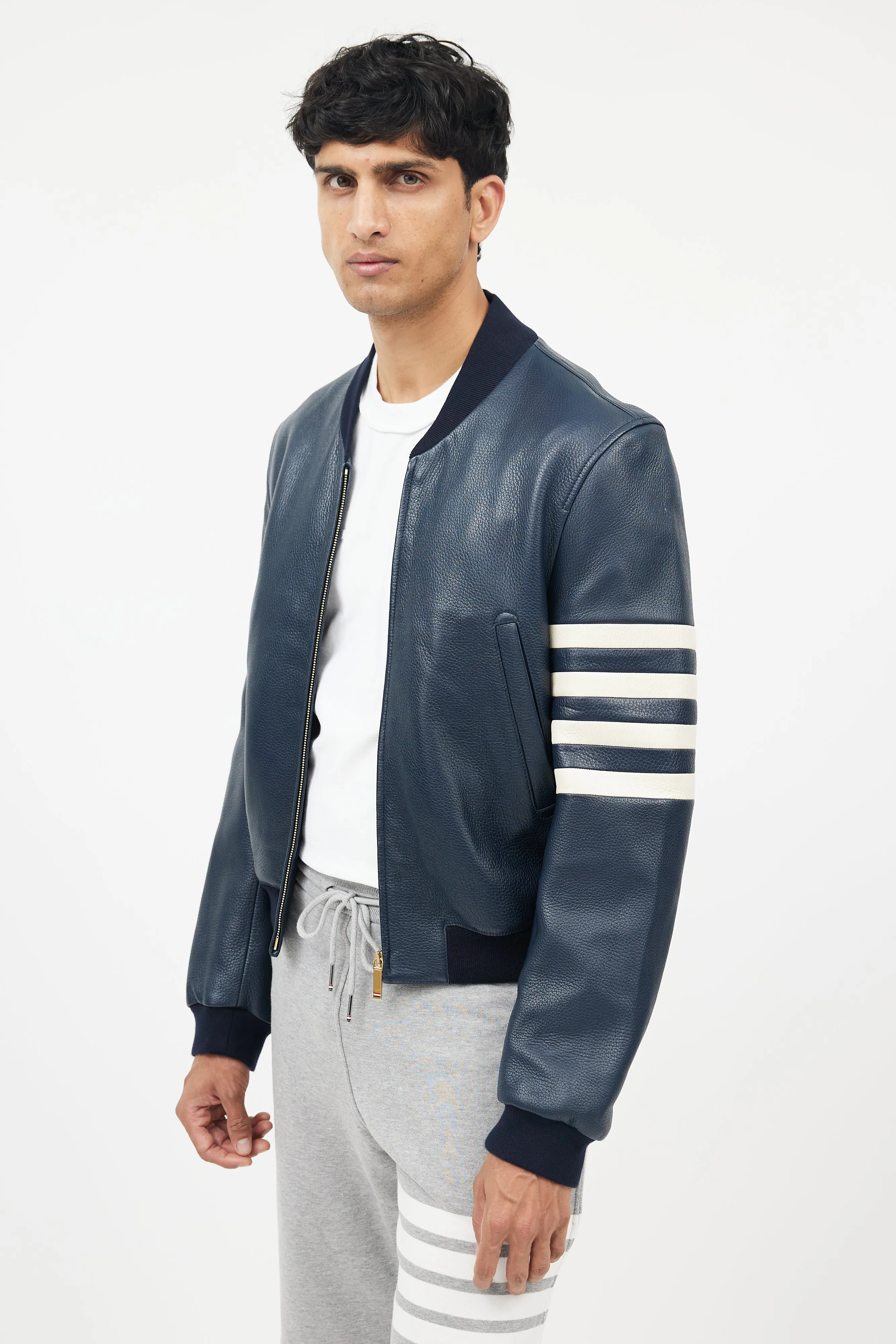 Navy & White Leather Bomber Jacket