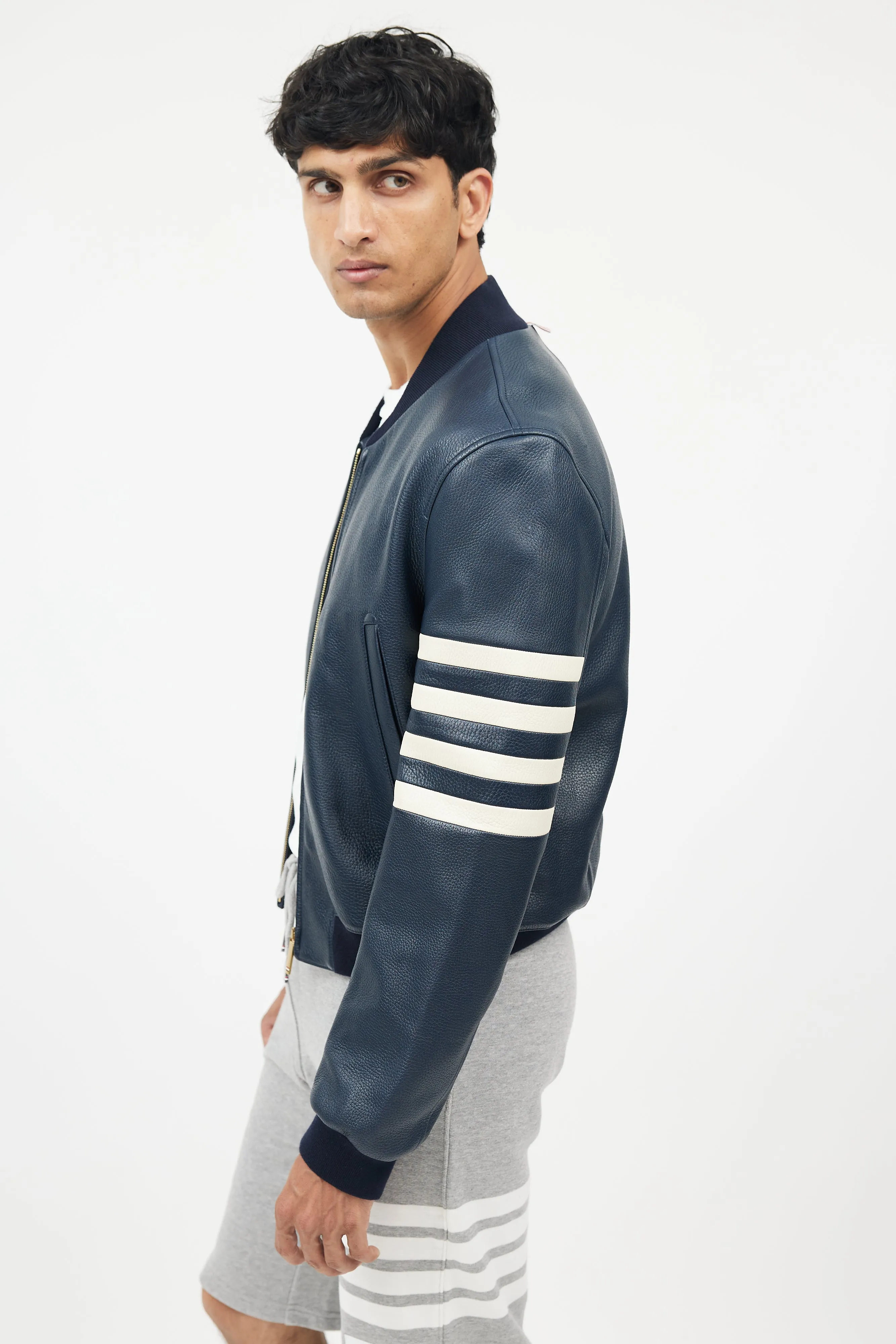 Navy & White Leather Bomber Jacket