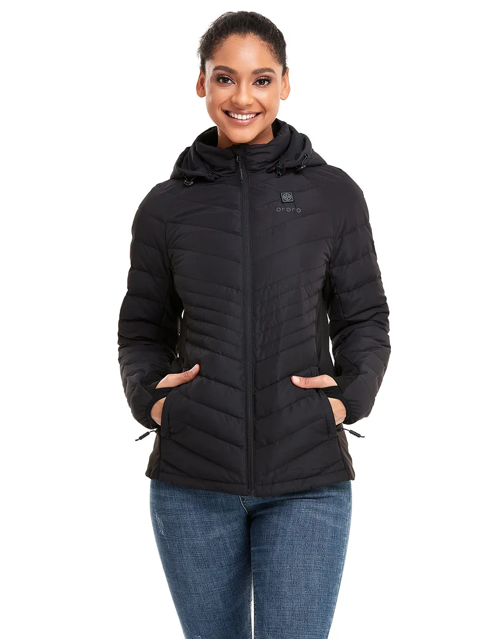 (Open-box) Women's Heated Down Jacket - Black/White (Battery Not Included)