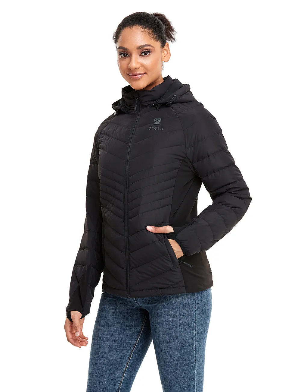 (Open-box) Women's Heated Down Jacket - Black/White (Battery Not Included)