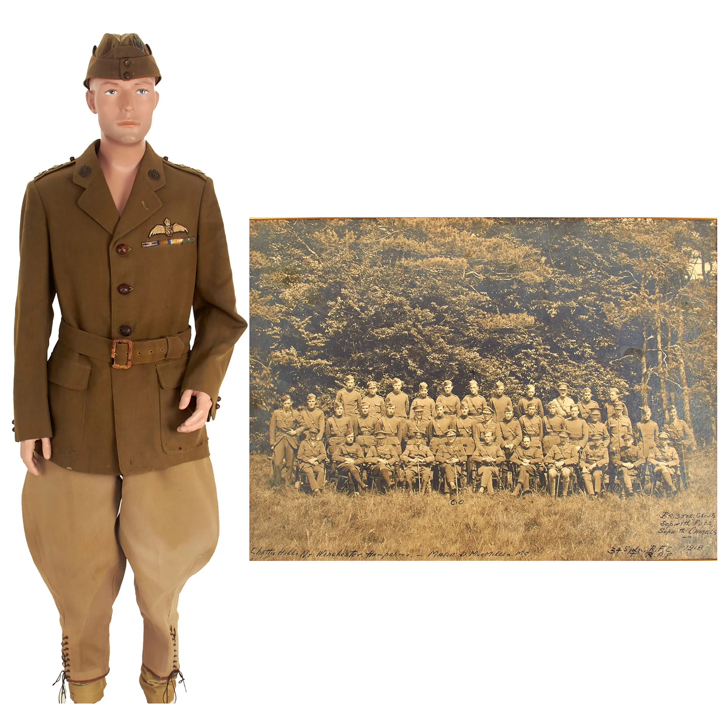 Original British WWI Named Royal Flying Corps Officer Uniform Set With Overseas Cap and Period Photo