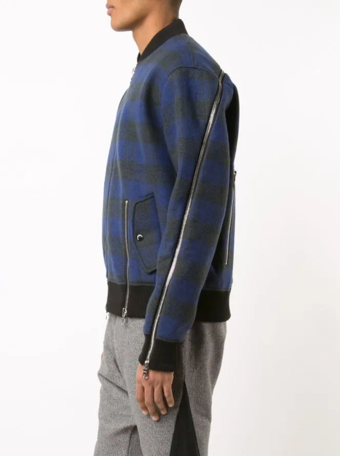 PLAID ZIPPER BOMBER JACKET NAVY PLAID