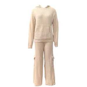 Pre Order: Cozy V-Neck Pocket Knitted Hooded Pull Over   Cargo Pants Set