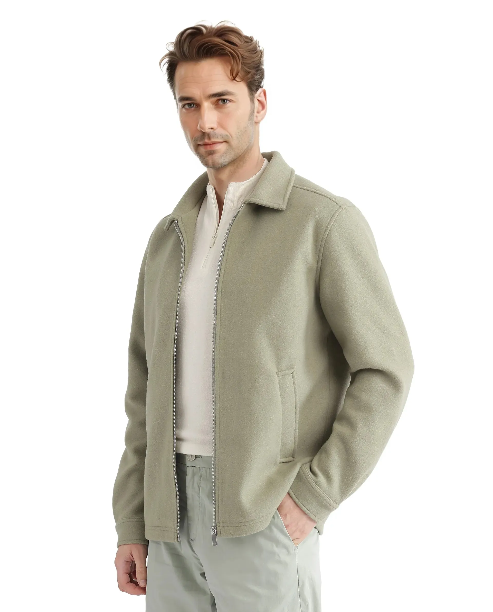 Rare Rabbit Men Tweeder-2 Pastel Green Poly Rayon Fabric Full Sleeve Collared Neck Zipper Closure Relaxed Fit Plain Jacket