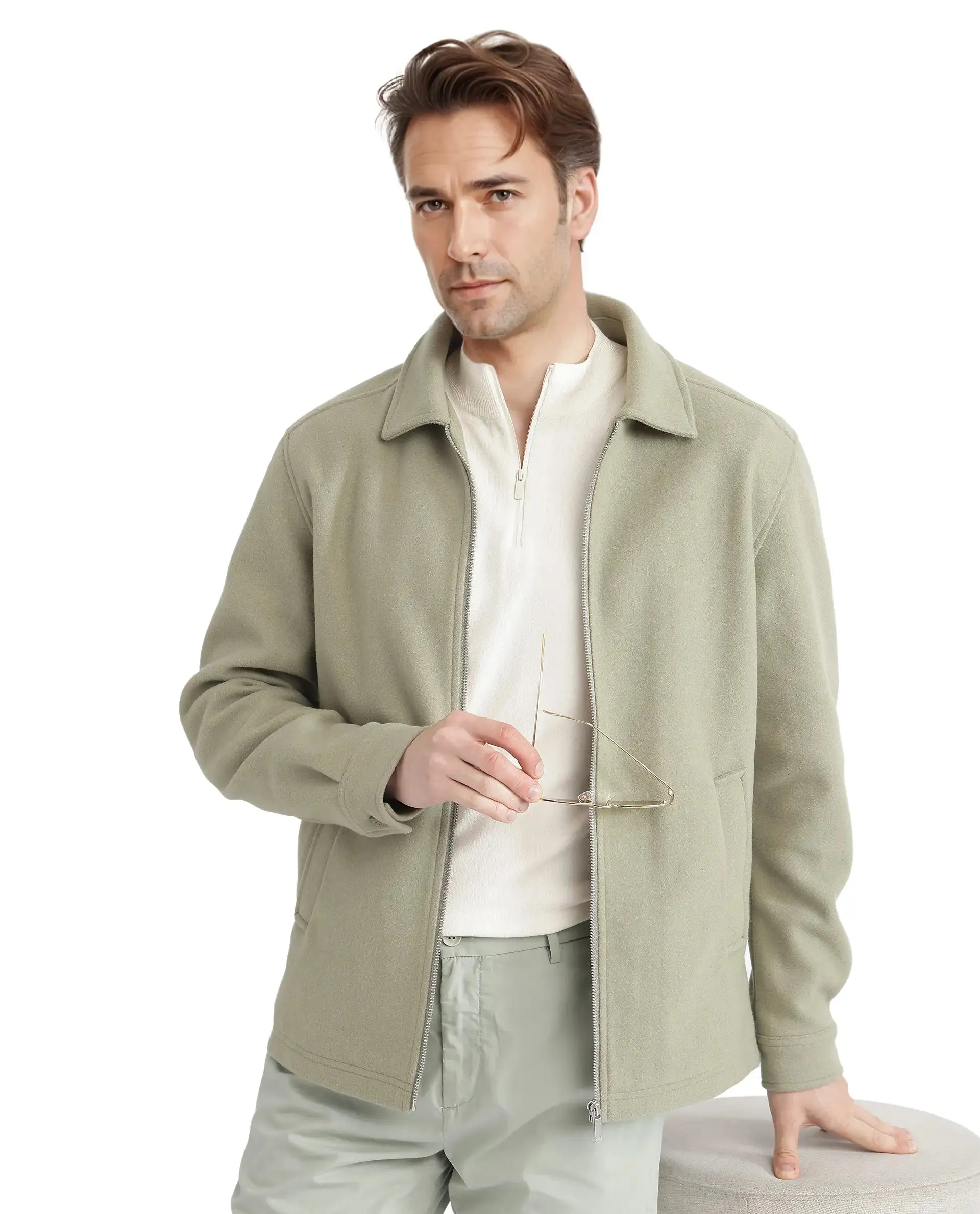 Rare Rabbit Men Tweeder-2 Pastel Green Poly Rayon Fabric Full Sleeve Collared Neck Zipper Closure Relaxed Fit Plain Jacket