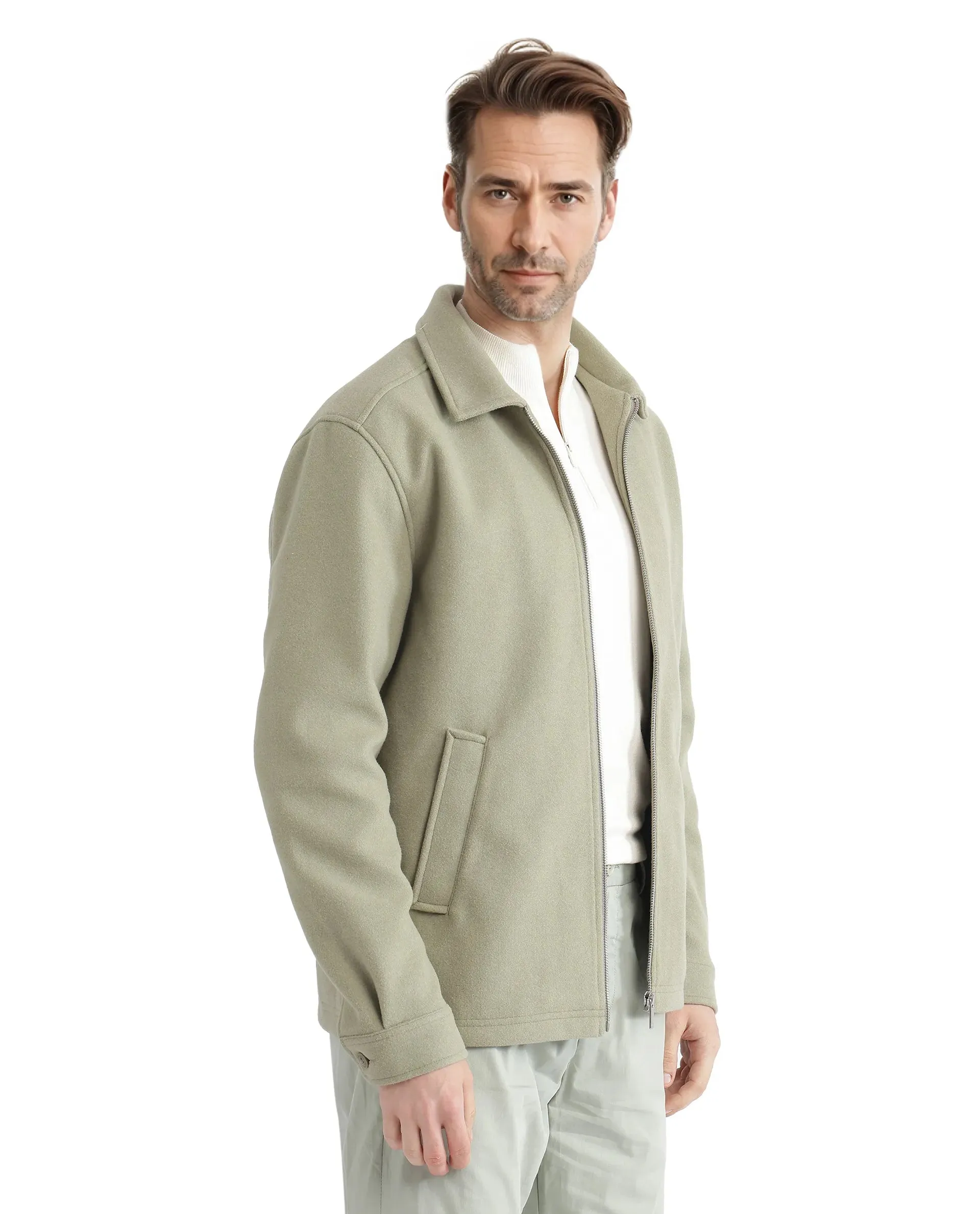 Rare Rabbit Men Tweeder-2 Pastel Green Poly Rayon Fabric Full Sleeve Collared Neck Zipper Closure Relaxed Fit Plain Jacket