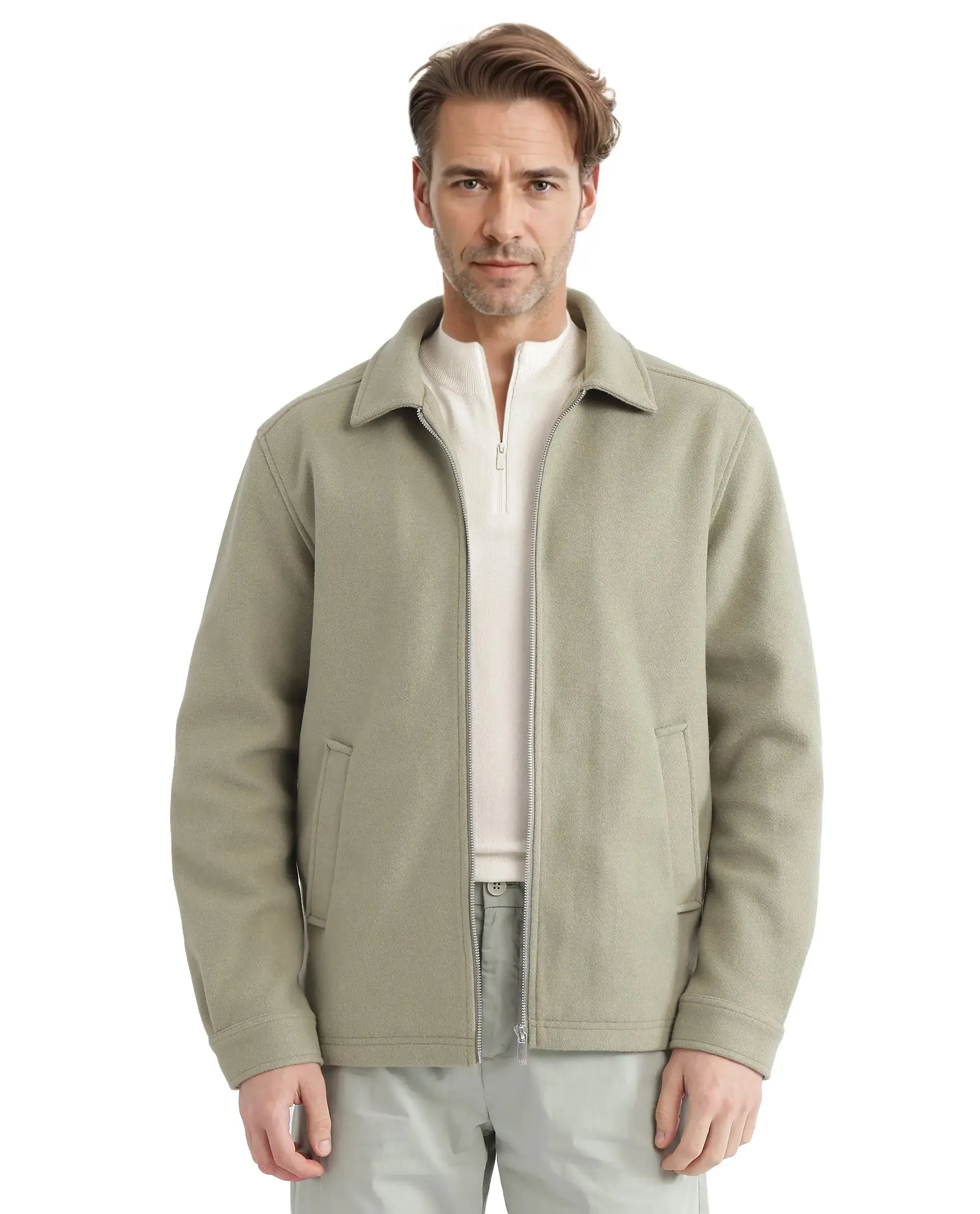 Rare Rabbit Men Tweeder-2 Pastel Green Poly Rayon Fabric Full Sleeve Collared Neck Zipper Closure Relaxed Fit Plain Jacket