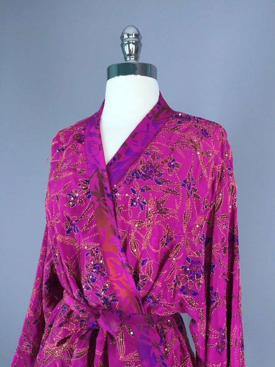 Silk Sari Kimono Jacket / Magenta Pink & Green Silk