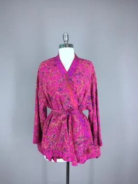 Silk Sari Kimono Jacket / Magenta Pink & Green Silk