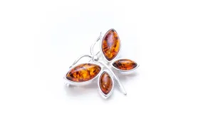 Small Amber Butterfly Brooch - Sterling Silver Frame, Cognac Amber, 25mm x 20mm