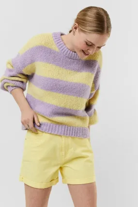 Striped O-neck Knit Jumper - Purple / Yellow