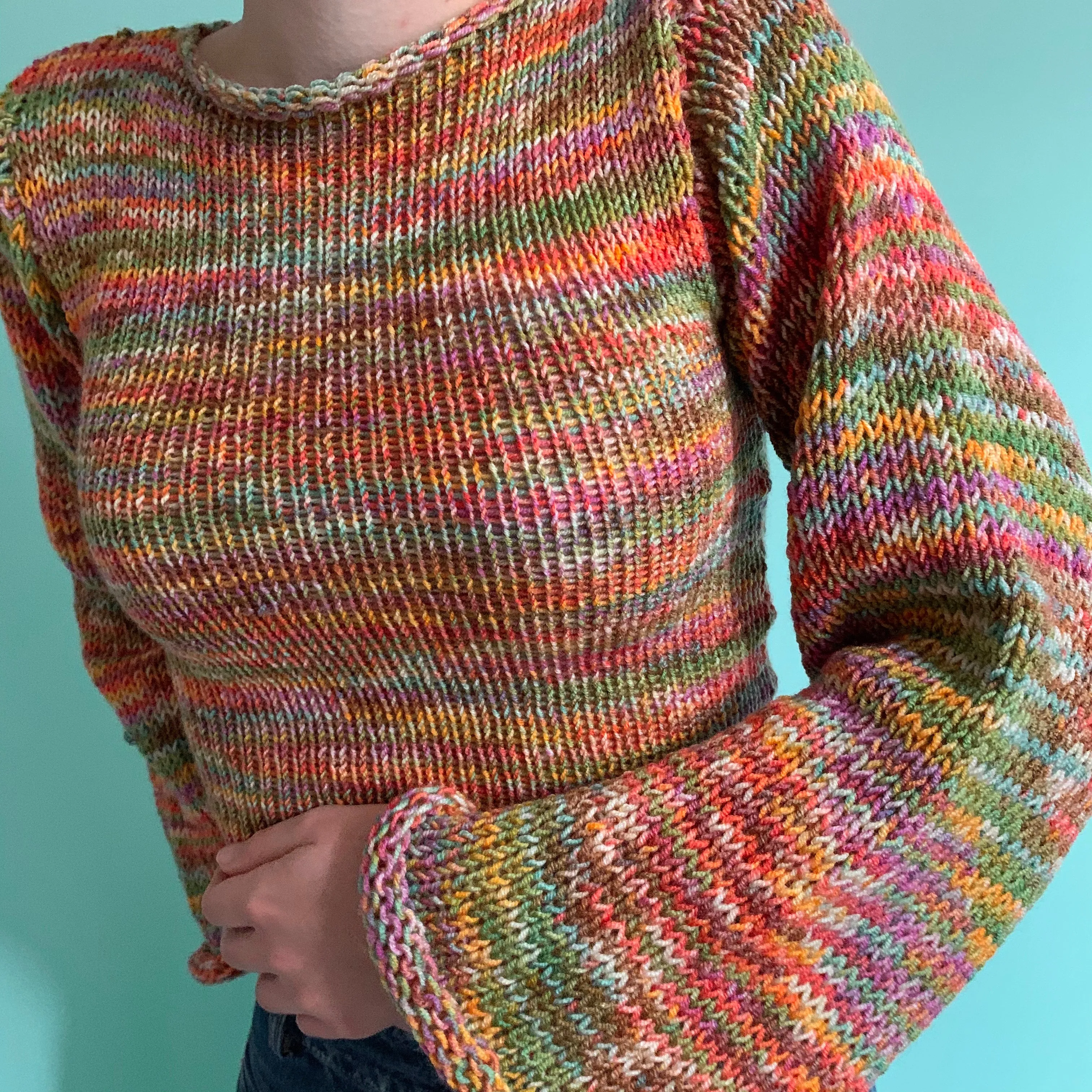 The Burnt Rainbow Shades Sweater - handmade knitted flared sleeve jumper