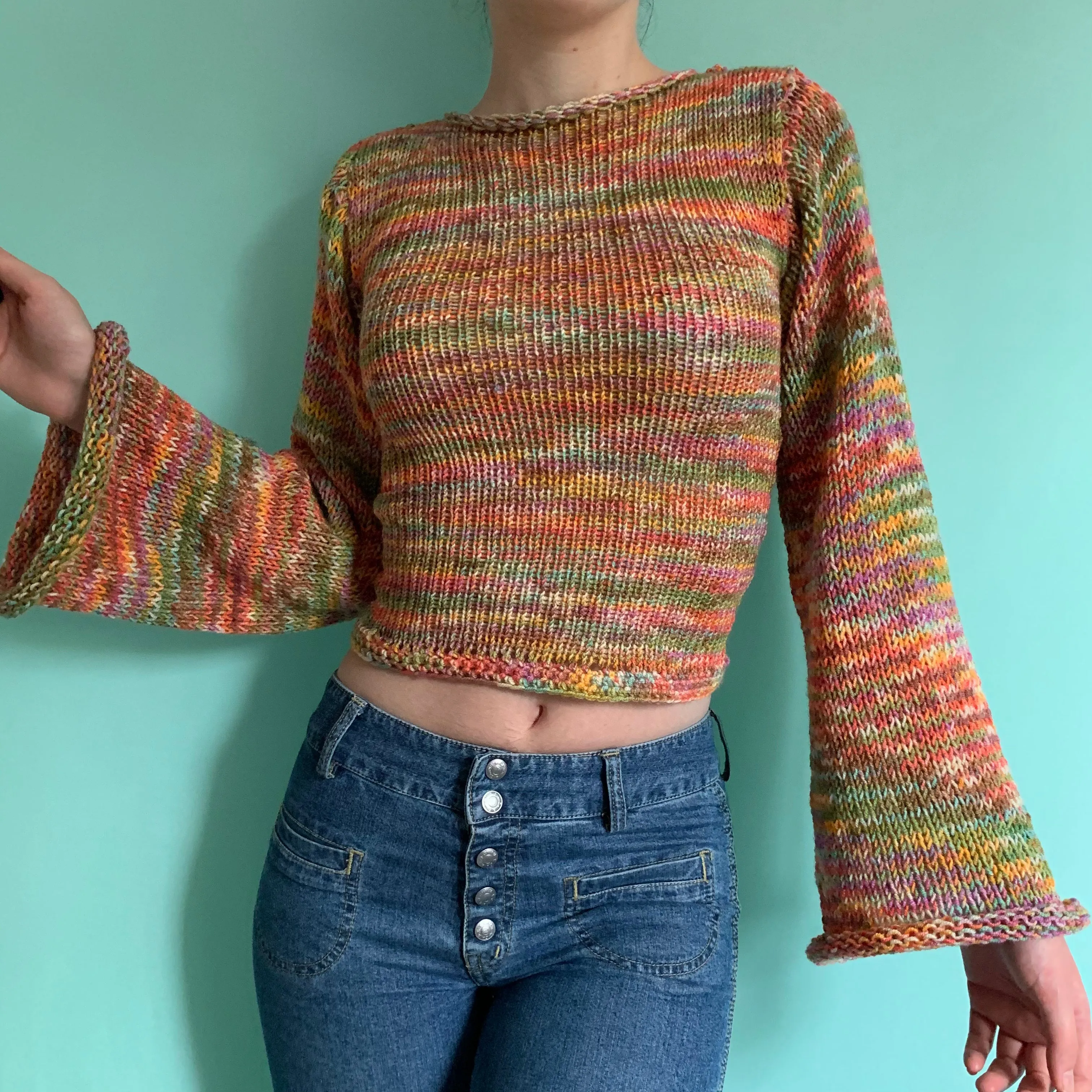 The Burnt Rainbow Shades Sweater - handmade knitted flared sleeve jumper