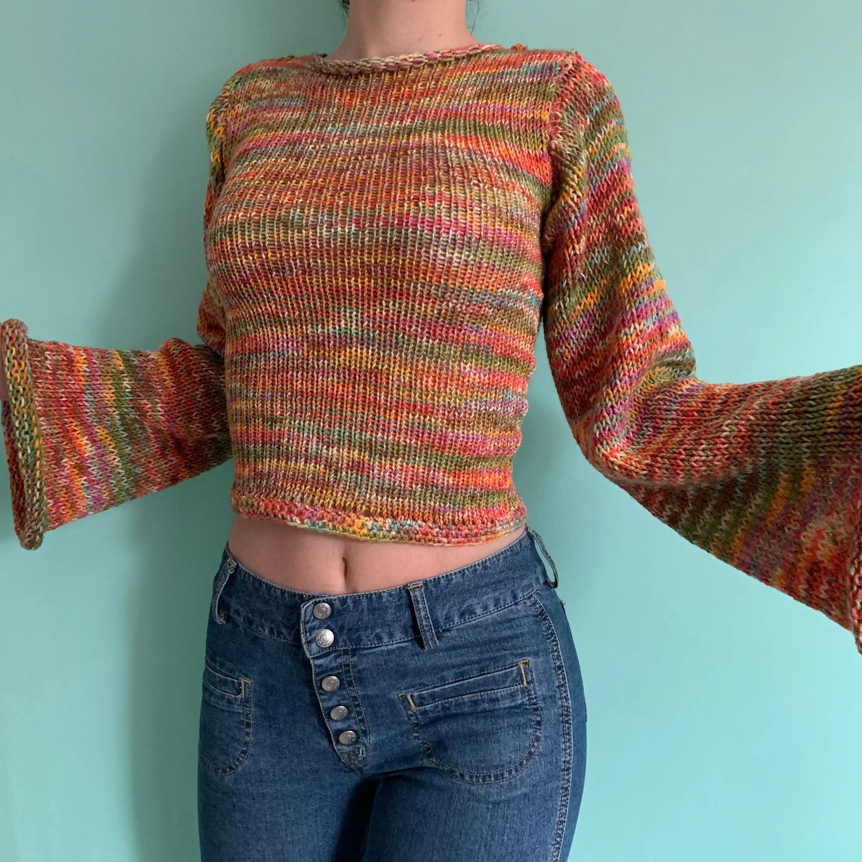 The Burnt Rainbow Shades Sweater - handmade knitted flared sleeve jumper