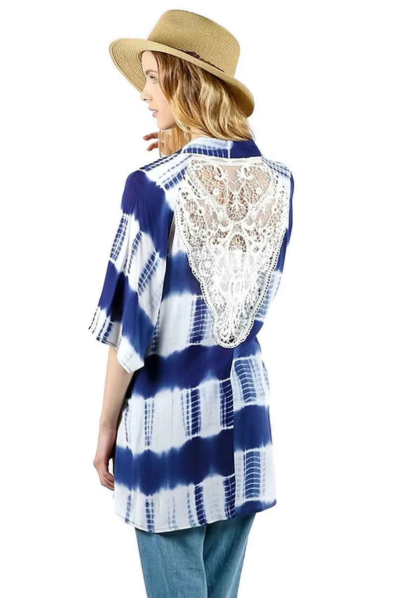 Tie Dye Kimono with Lace Crochet Back, Blue