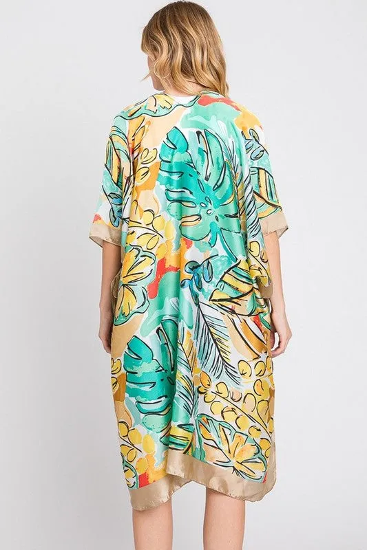 Tropical Leaf Print Silky Kimono