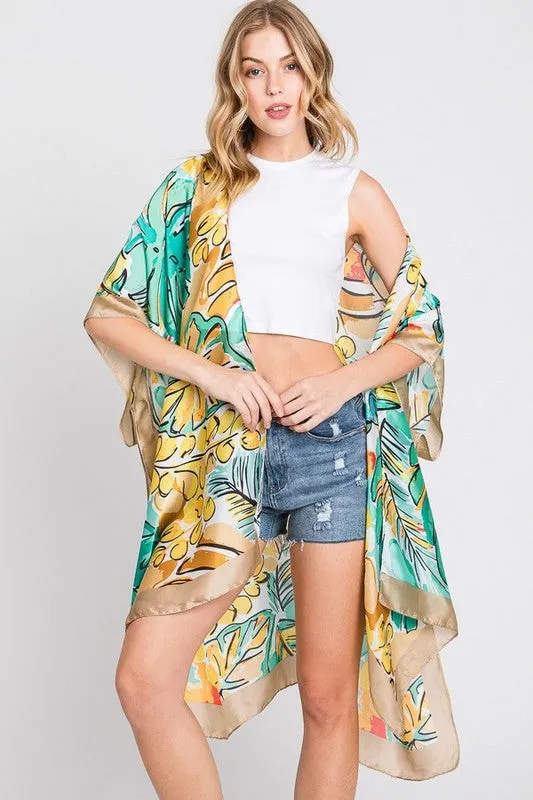 Tropical Leaf Print Silky Kimono