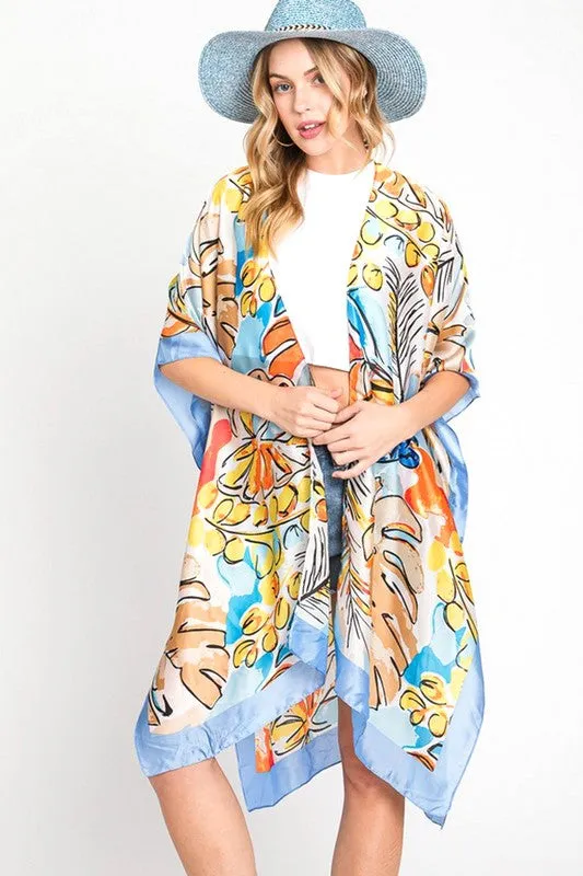 Tropical Leaf Print Silky Kimono