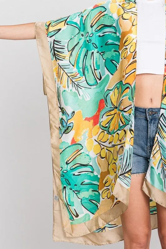 Tropical Leaf Print Silky Kimono