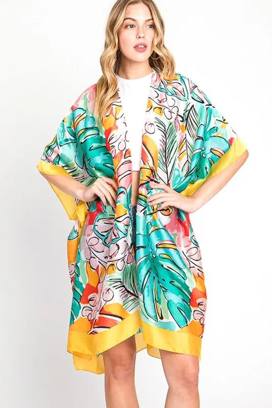 Tropical Leaf Print Silky Kimono