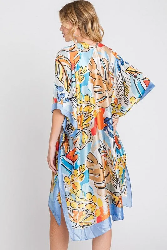 Tropical Leaf Print Silky Kimono