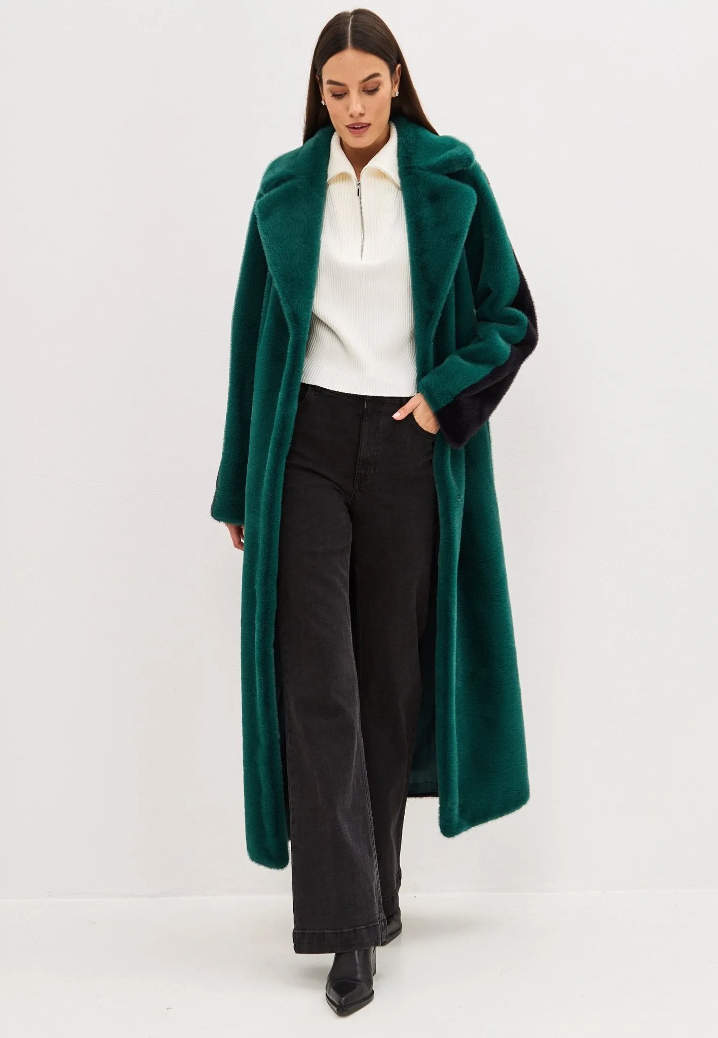 Two Tone Faux Fur Long Winter Coat - Green