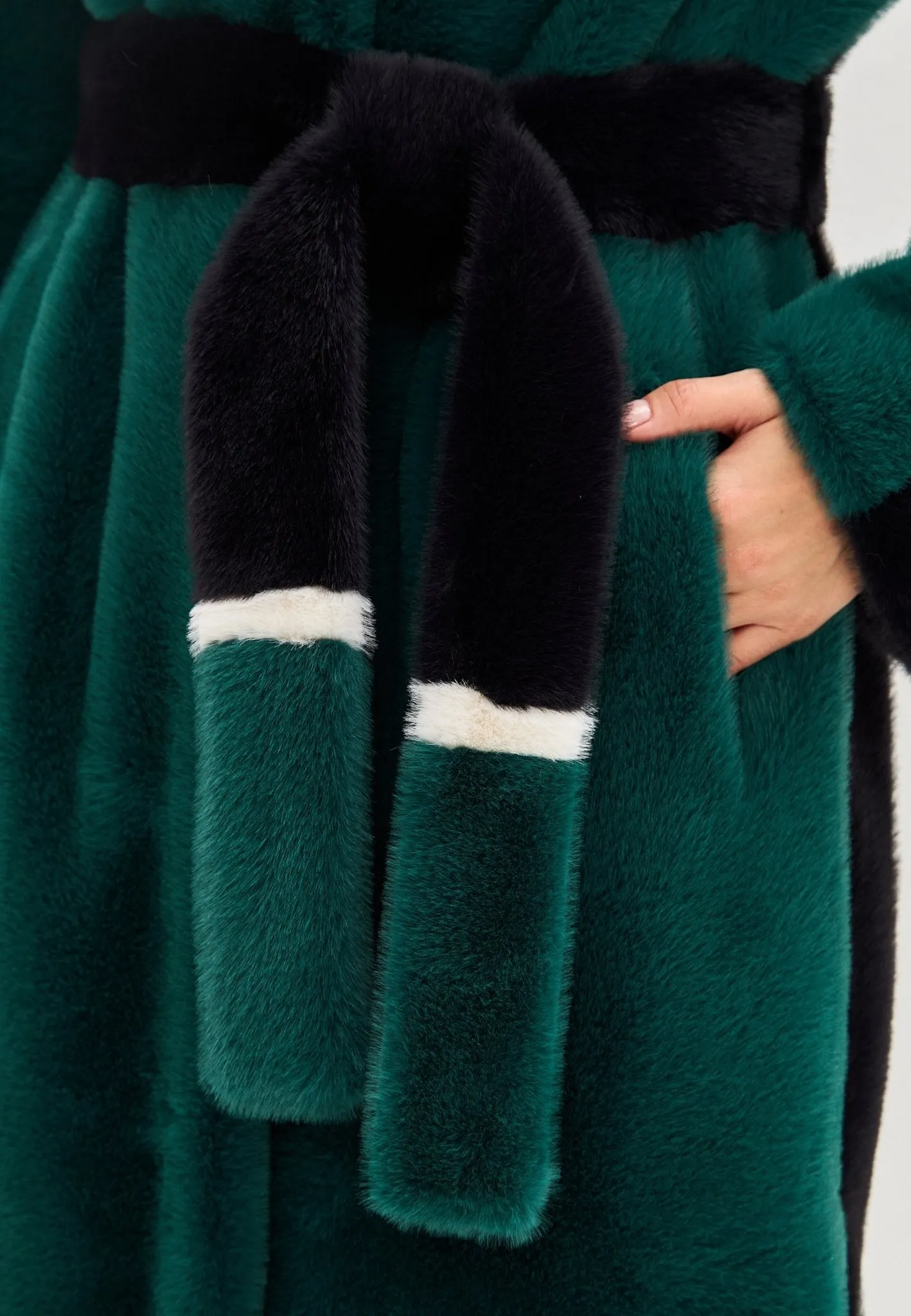 Two Tone Faux Fur Long Winter Coat - Green