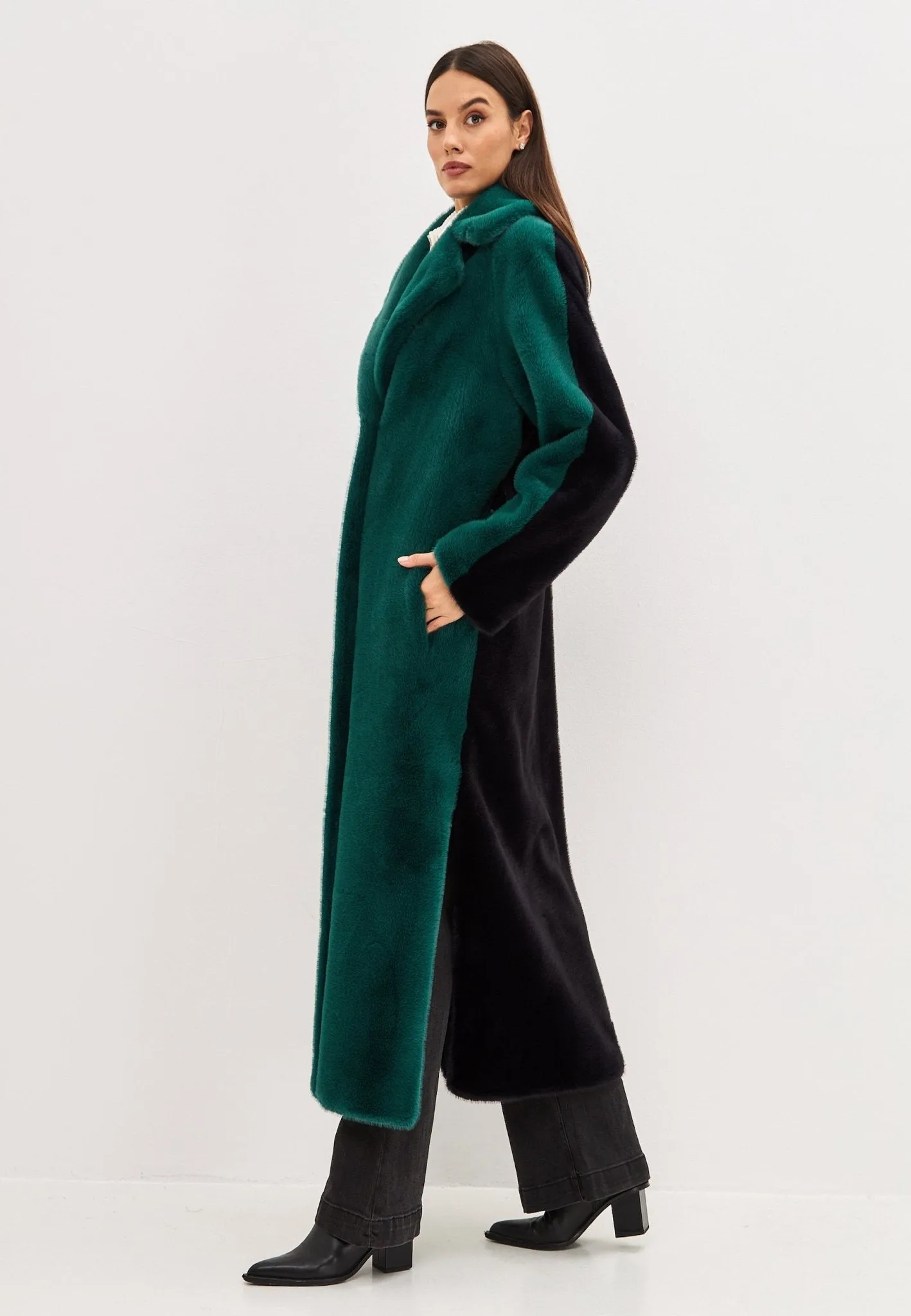 Two Tone Faux Fur Long Winter Coat - Green