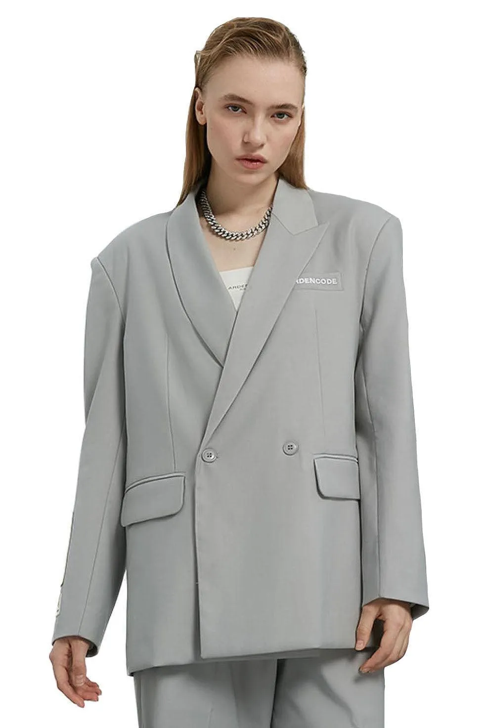 Unisex Ash Grey Embroidery Double Buttoned Blazer