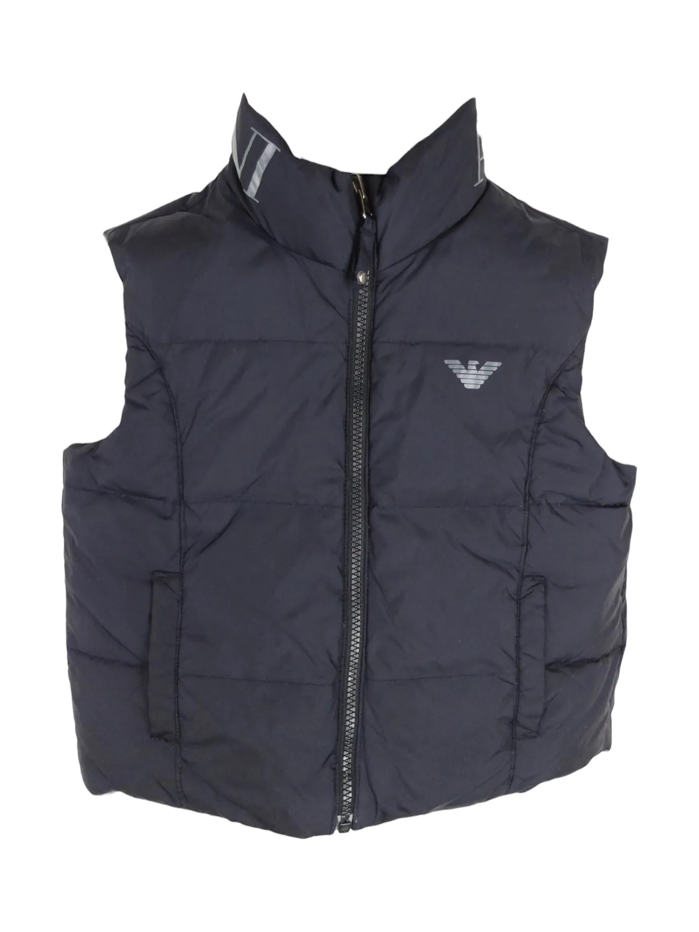 Vintage 2000s Y2K Armani Junior Kid’s Toddler Children’s Reversible Dark Navy Blue & Grey High Neck Reversible Zip Up Down Feather Puffer Vest Gilet