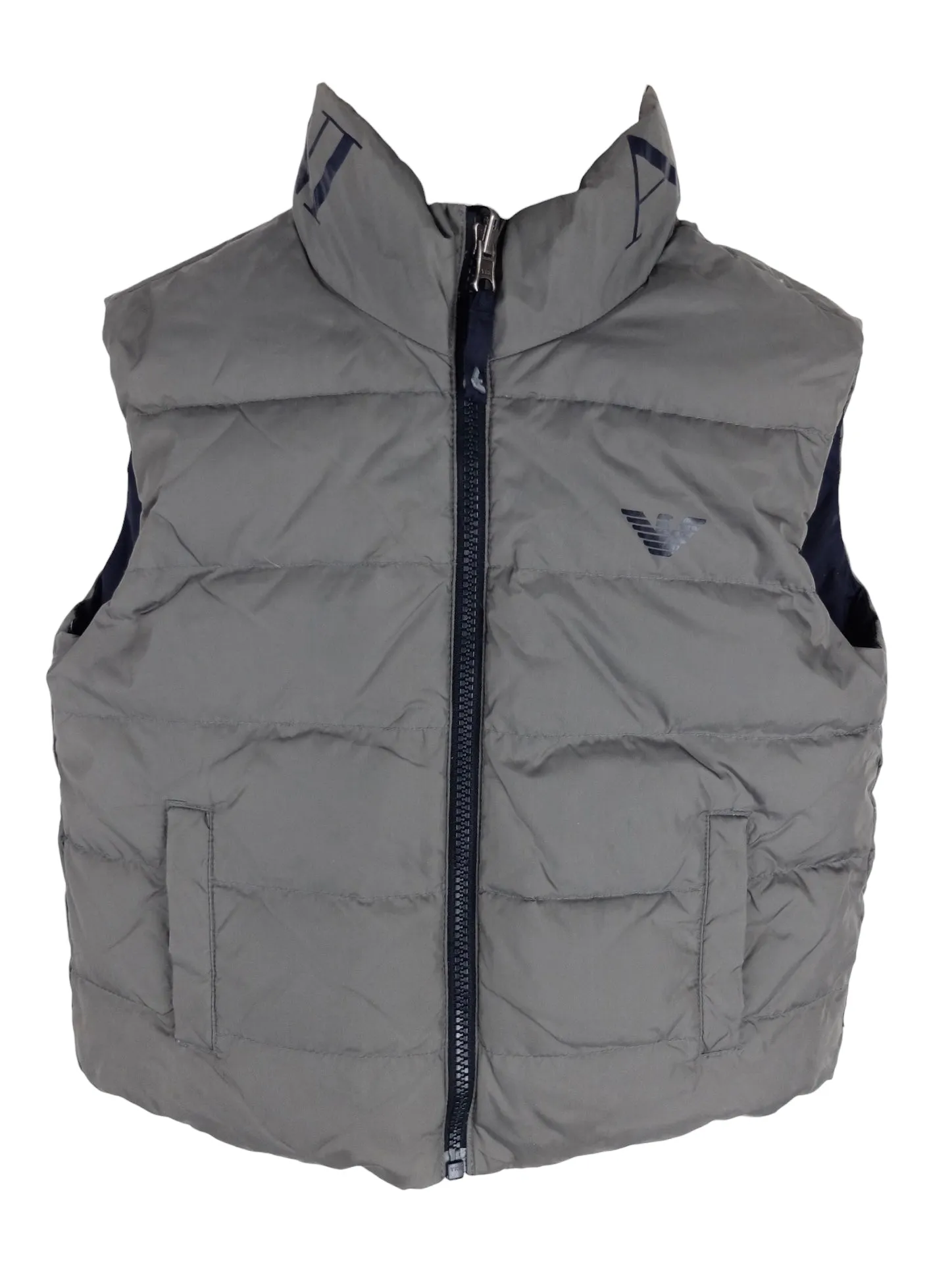 Vintage 2000s Y2K Armani Junior Kid’s Toddler Children’s Reversible Dark Navy Blue & Grey High Neck Reversible Zip Up Down Feather Puffer Vest Gilet