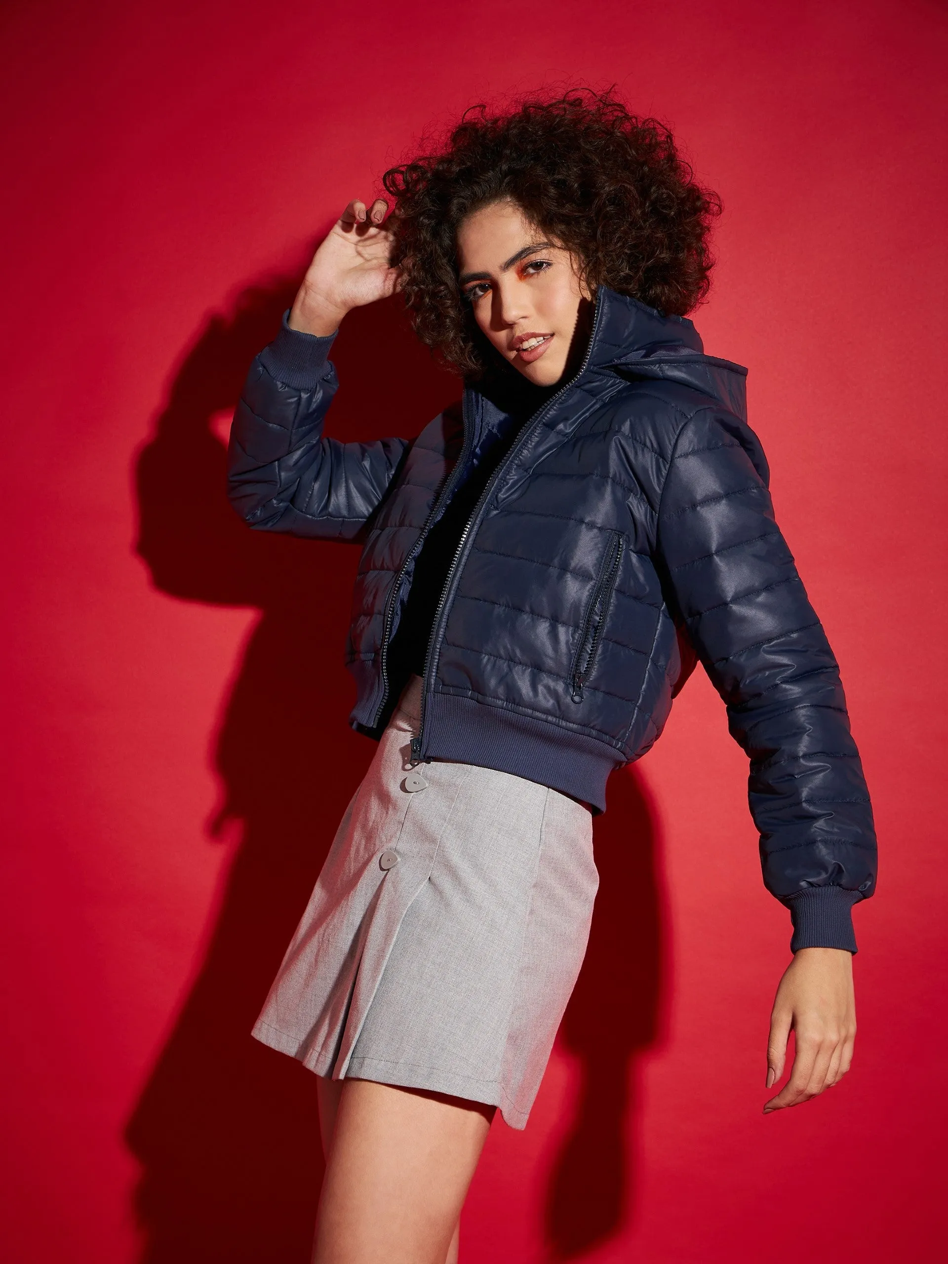 Women Navy Hooded Crop Bomber Jacket