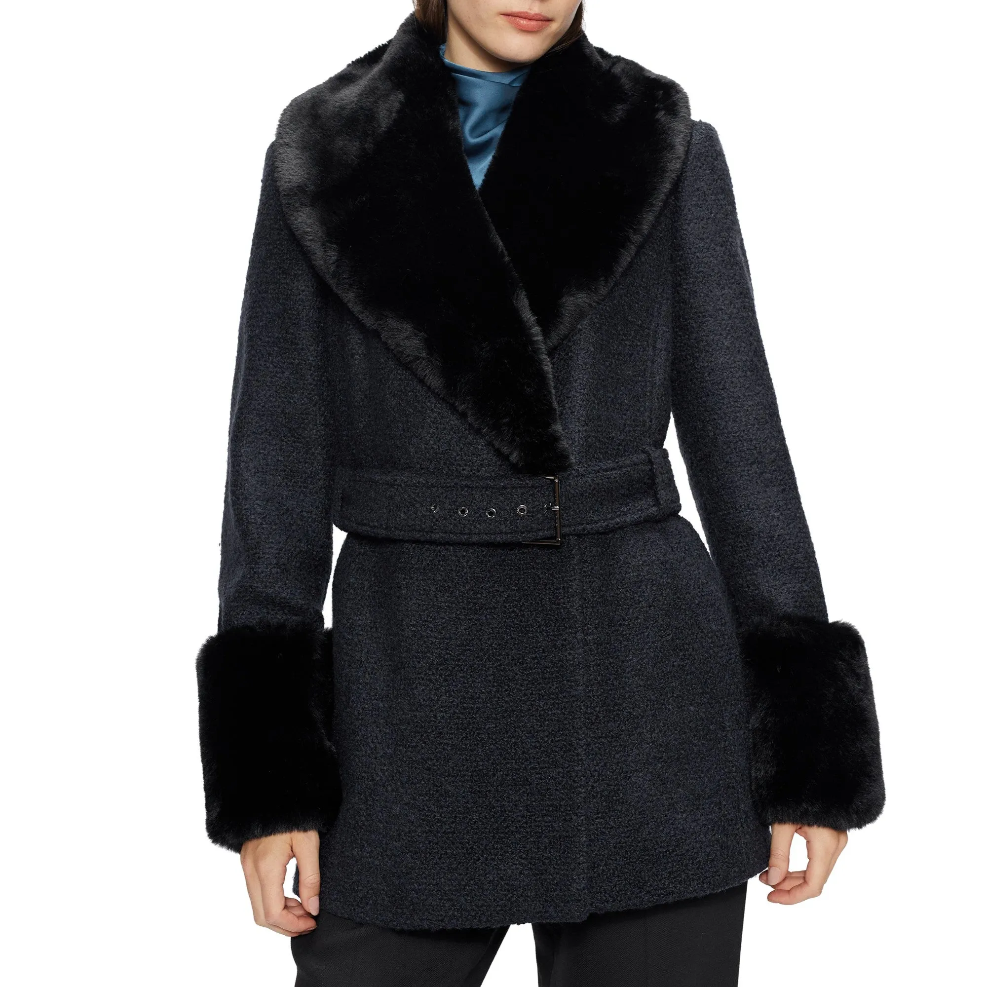 Women Wmo-Llotie-Belted Coat With Faux Fur Collar And Cuffs - Dk-Navy