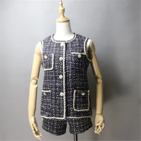 Women's gilet Asymmetric Trim Pockets Tweed Vest   Shorts