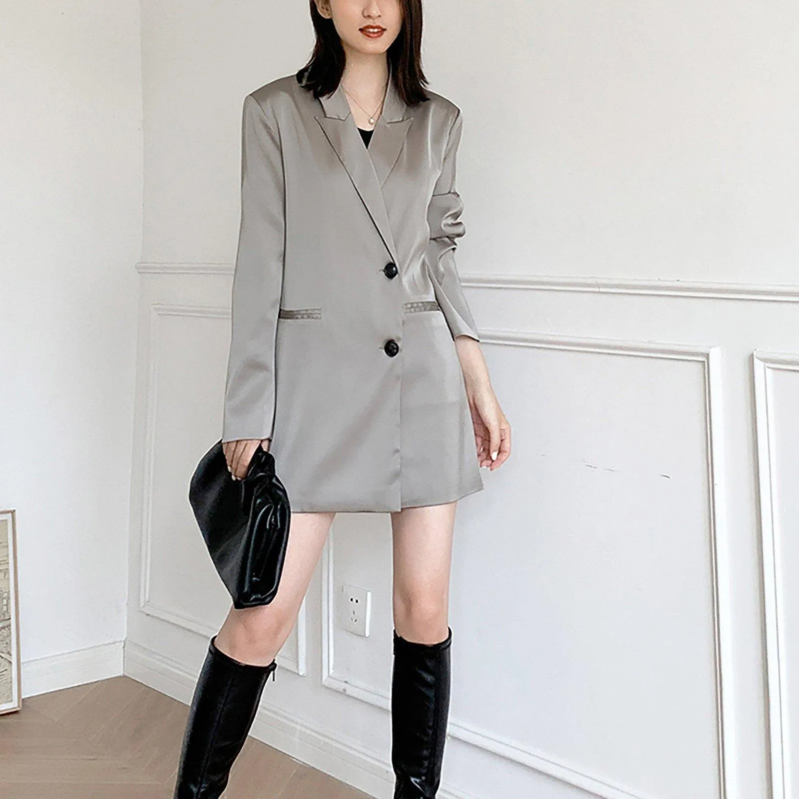 Women's Satin Blazer Coat,Blue Satin Blazer Suit,Oversize Blazer Suit,Gray Satin Blazer Suit,Casual Blazer Coat,Wedding guest Suit women