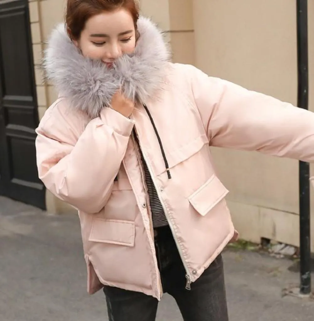 Womens Winter Short Puffy Coat with Hood in Pink