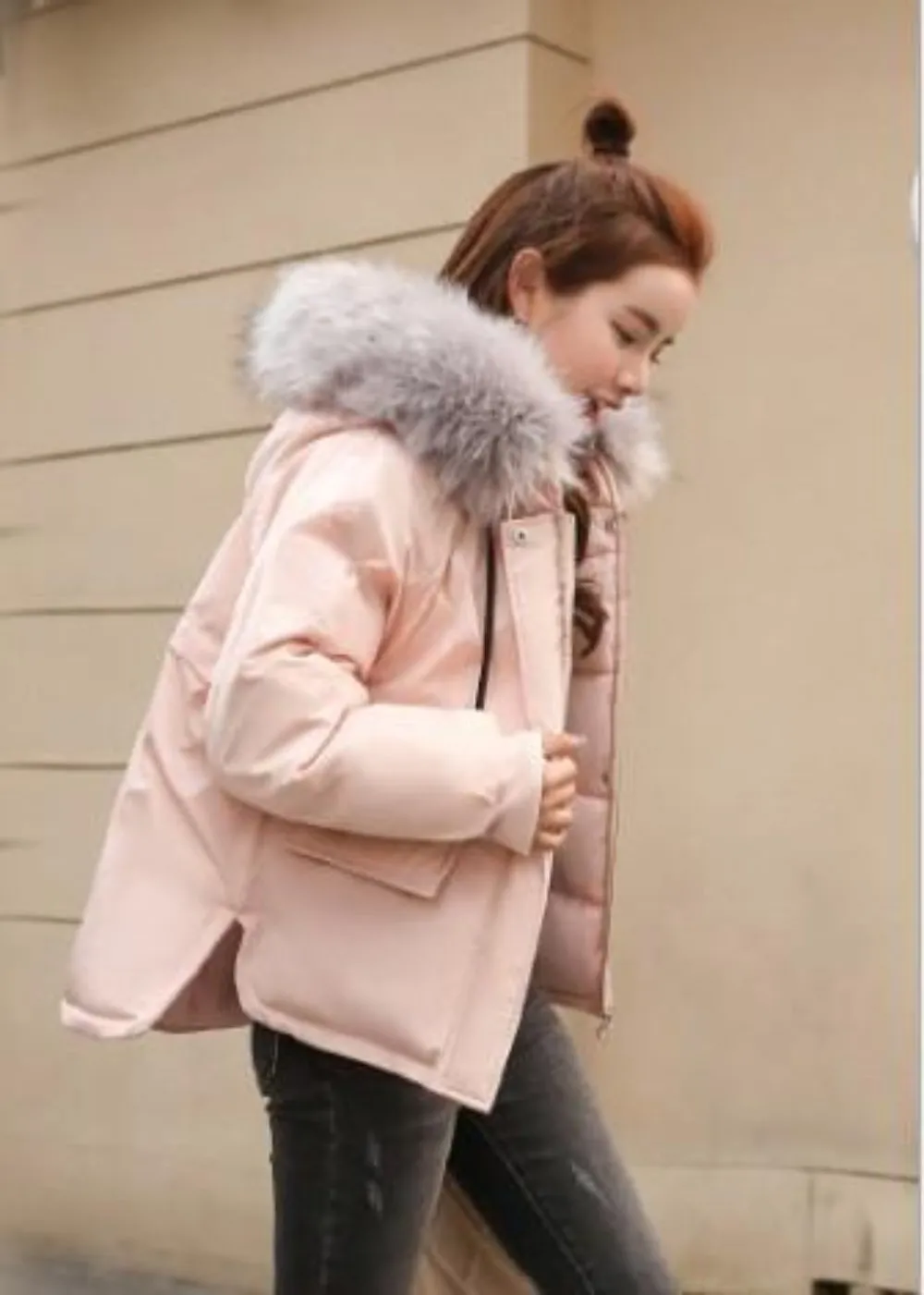 Womens Winter Short Puffy Coat with Hood in Pink