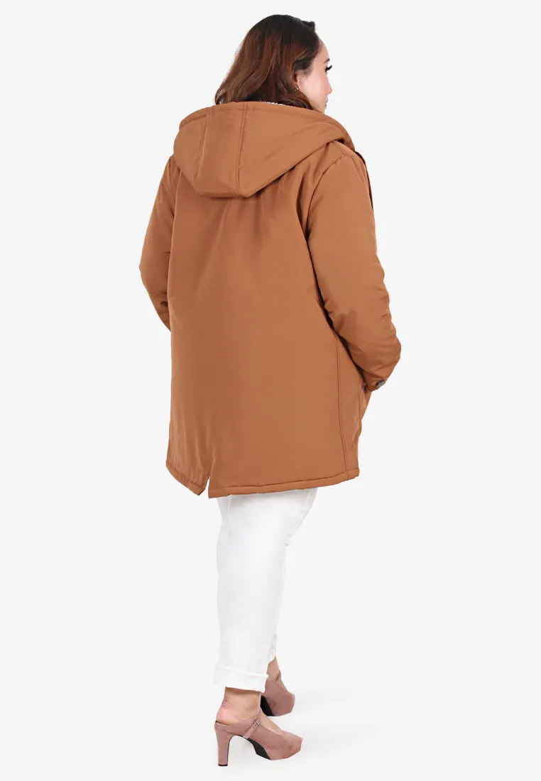 Wynter Warm Lined Winter Puffy Hoodie Jacket - Light Brown